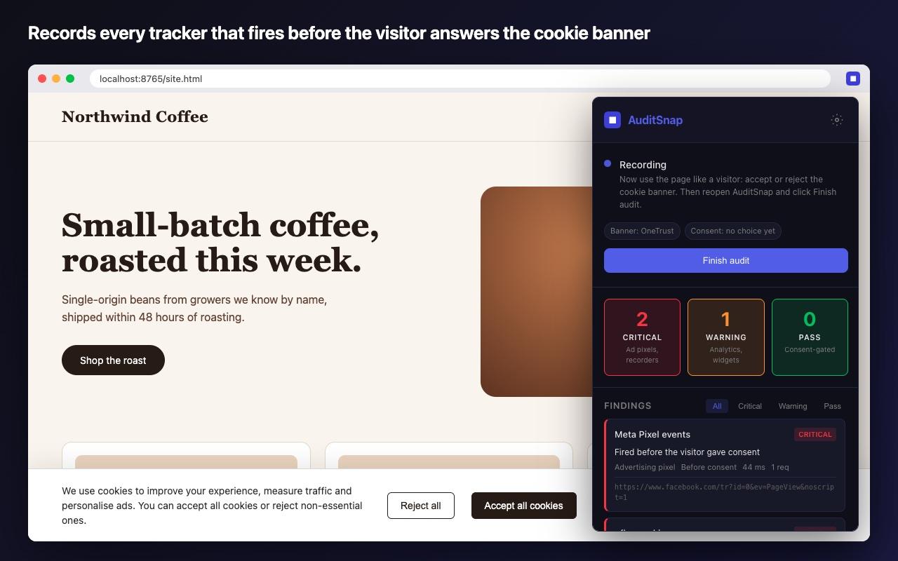 AuditSnap recording a coffee shop site while its cookie banner is still unanswered, already showing two critical trackers