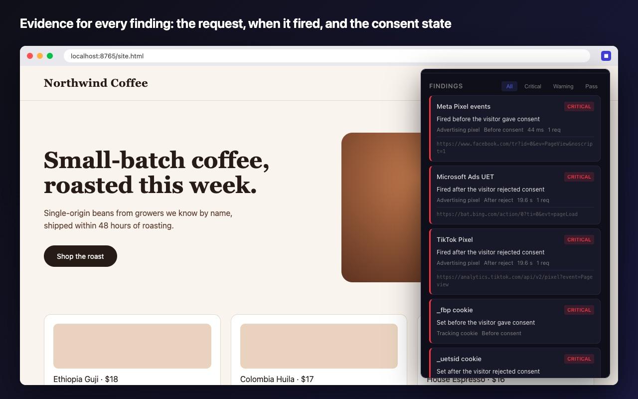 AuditSnap findings list showing Microsoft Ads and TikTok pixels that fired after the visitor rejected consent