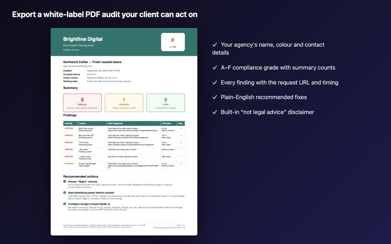 First page of a white-label AuditSnap PDF report branded for a digital agency
