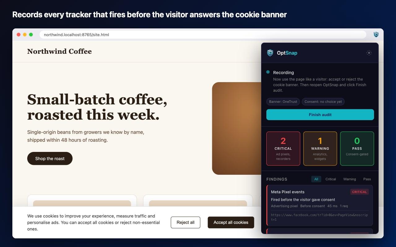 OptSnap recording a coffee shop site while its cookie banner is still unanswered, already showing two critical trackers