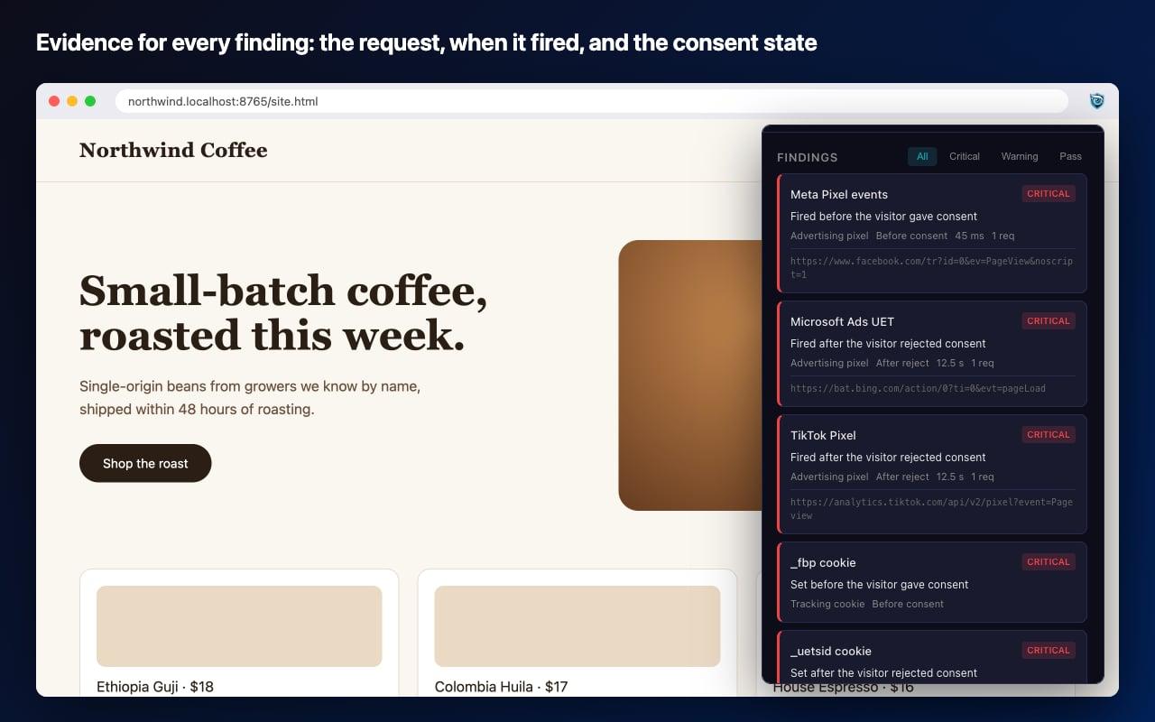 OptSnap findings list showing Microsoft Ads and TikTok pixels that fired after the visitor rejected consent