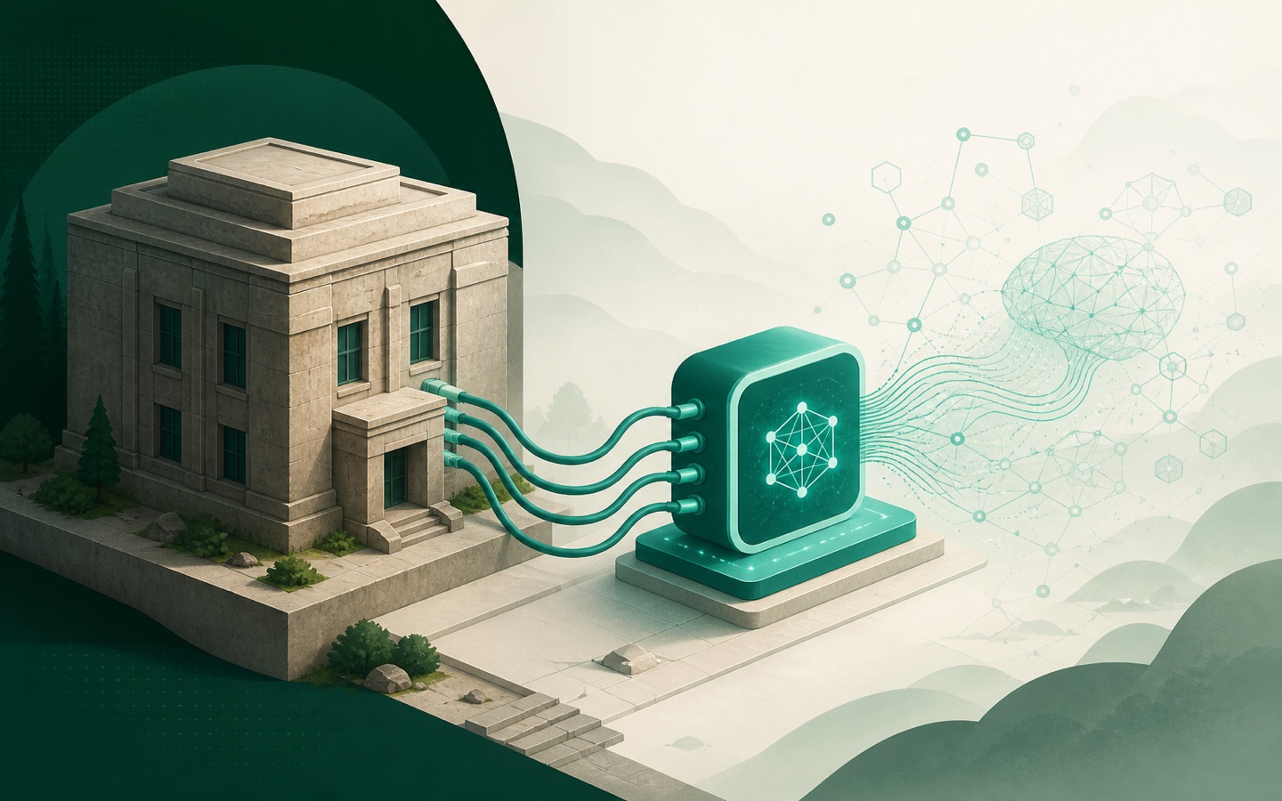 Legacy monolith connected through a teal AI gateway to LLM services